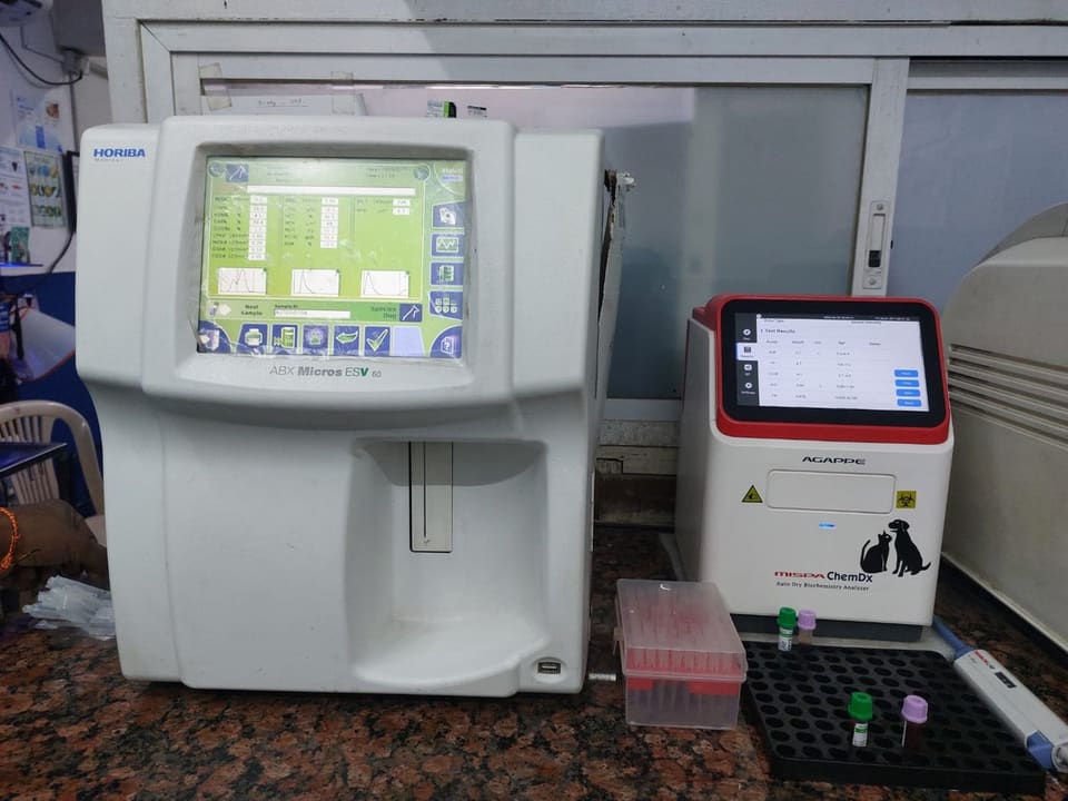 In-house haematology and biochemistry analysers in the Shivraj Pet Clinic & Lab pathology lab